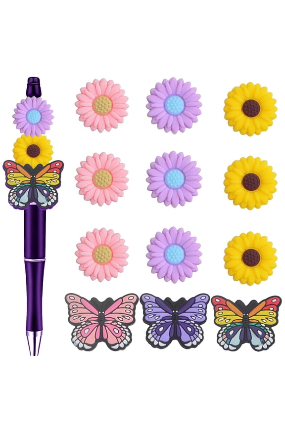 12Pcs Colorful Silicone Focal Beads Daisy Flower Butterfly Beads Sunflower Soft Rubber Silicone for Adults DIY Bracelets Keychains Jewelry Making Craft Supplies