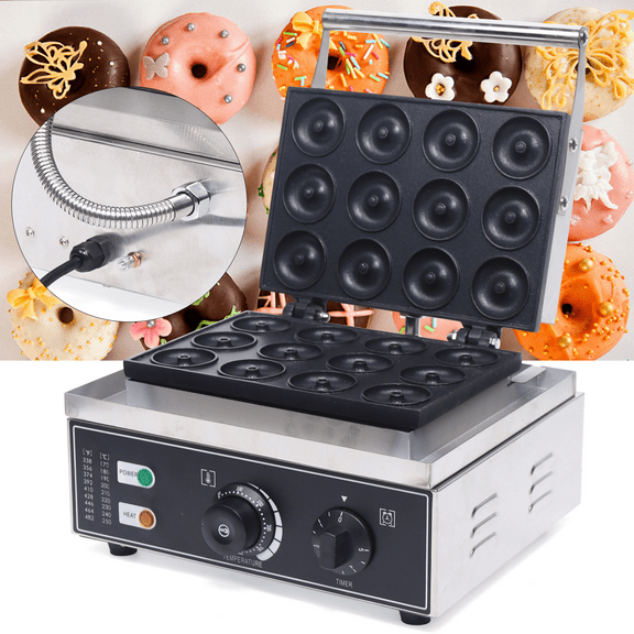 12Pcs Commercial Electric Donut Maker Machine, Stainless Steel 12 Doughnuts 1550w
