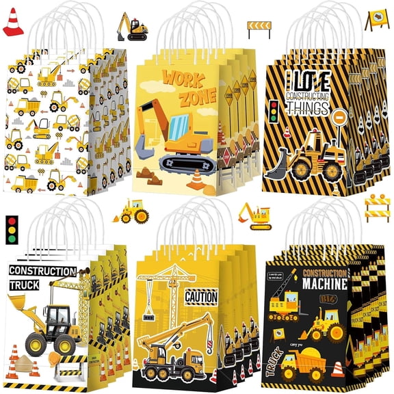 12Pcs Construction Party Gift Bags with Handle Truck Goodie Treat Bags Vehicles Party Favors Candy Gift Wrapping for Truck Themed Birthday Supply Decoration