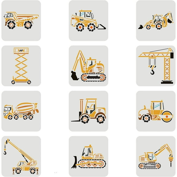 12Pcs Construction Vehicle Stencils 7.9x7.9 inch Reusable Truck Stencils Plastic Forklifts Excavators Cranes Mixers Pattern Stencil Reusable Construction Vehicle Stencil for Painting