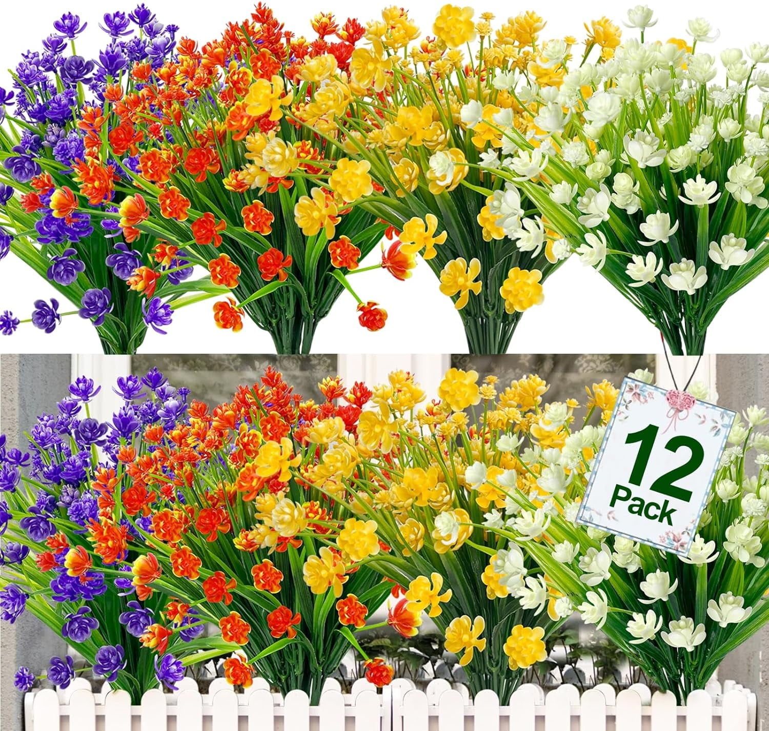 Artificial Outdoor Flowers, Faux Outdoor Plants Plastic UV Resistant Flowers Spring Fake Plants Artificial For Porch Hanging Wedding Greenery Fake Shrub Flowers Arrangement Decor (Yellow