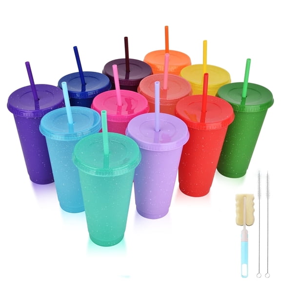 12Pcs Creative Color Water Cup, Reusable Plastic Drinking Cup,Large Capacity Straw Cup for Adult Kids