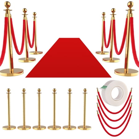 12Pcs Crowd Control Stanchion with 15FT Red Carpet,Stanchions Posts with 10pcs 5 ft Red Velvet Rope, Rope Barriers Crowd Control Barriers Queue Line for Theaters Parties Wedding Exhibition