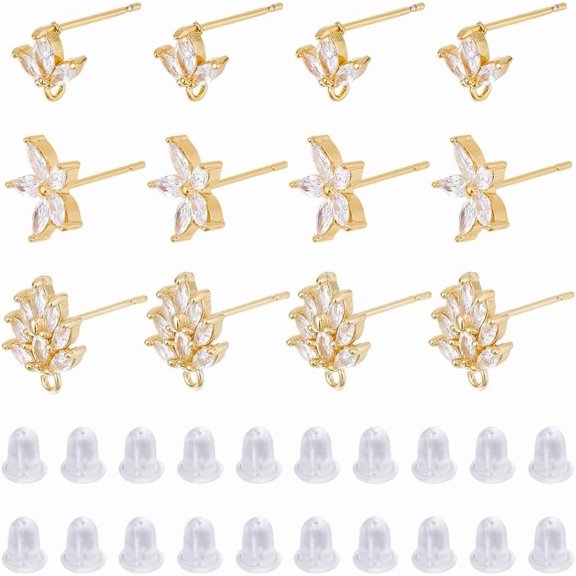 12Pcs Cubic Zirconia Earring Stud Finding 18K Gold Plated Flower Earrings Post with Loop and 40Pcs Ear Nuts Rhinestone Earring Posts Brass Earring Studs