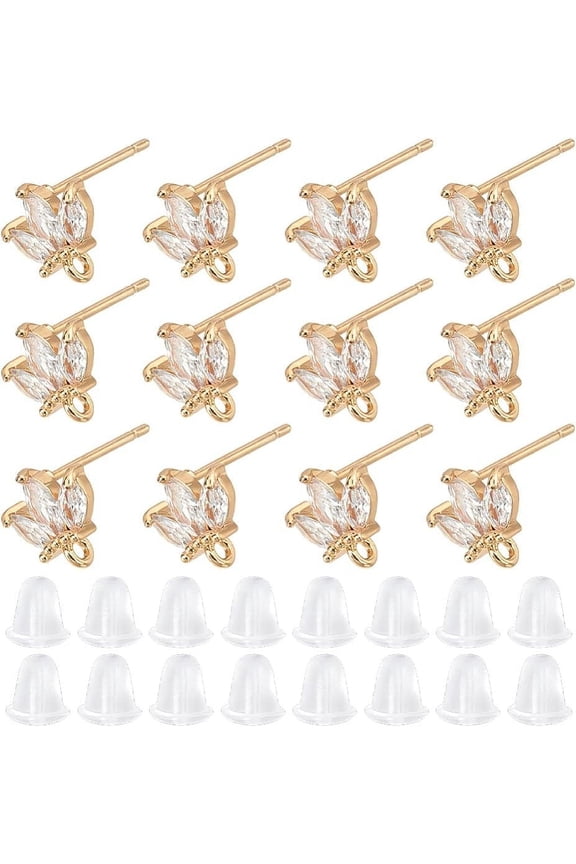 12Pcs Cubic Zirconia Earring Studs 18K Gold Plated Flower Stud Earring Finding with 1mm Loop Rhinestone Earring Posts for Earring Making Pin: 0.8mm Mixed Color DIY
