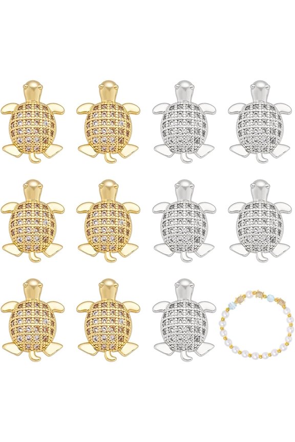 12Pcs Cubic Zirconia Sea Turle Charms Real 18K Gold Plated/Platinum Micro Pave Stone Turle Beads Brass Sea Animal Tortoise Beads Bulk