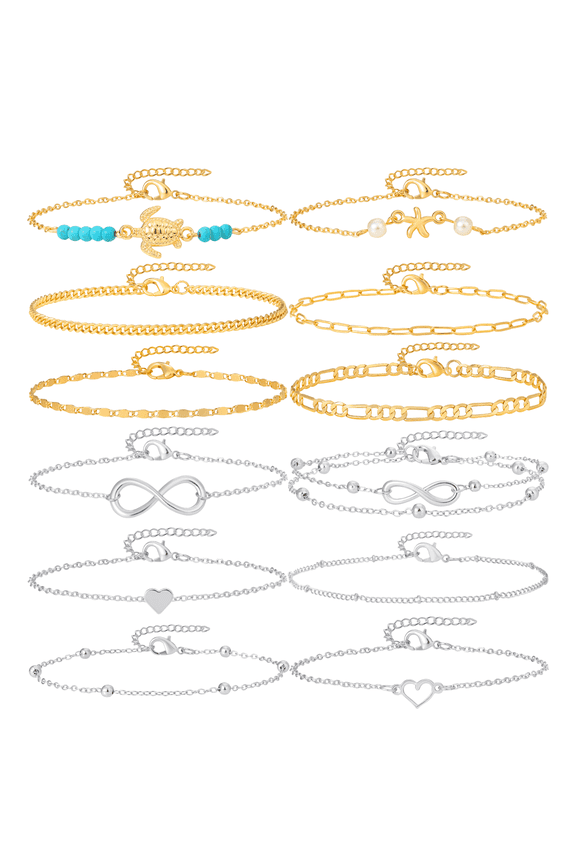 12Pcs Cute Anklets for Women Dainty Gold Silver Foot Chains Anklet Beach Turtle Ankle Bracelets Set