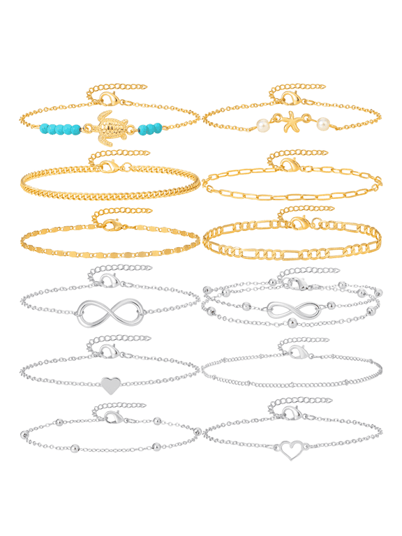 12Pcs Cute Anklets for Women Dainty Gold Silver Foot Chains Anklet Beach Turtle Ankle Bracelets Set