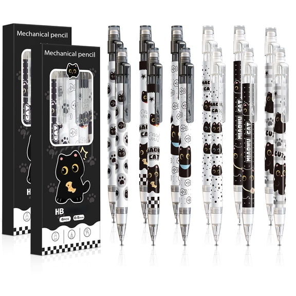 12Pcs Cute Black Cat Mechanical Pencils with Eraser 0.5mm Kawaii Cartoon Cat Mechanical Pencil Pencil Cat Gifts for Women Man