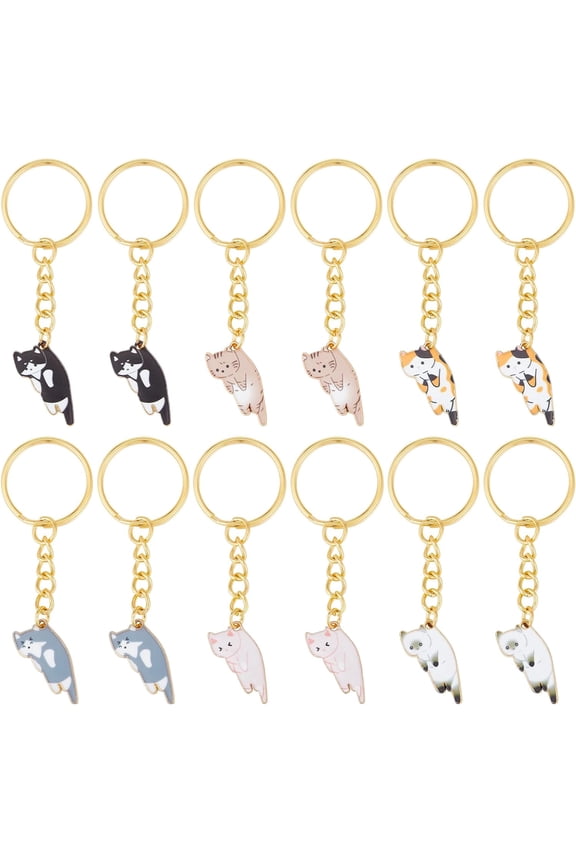 12Pcs Cute Cat Keychains Kawaii Kitty Enamel Key Chain Animal 6 Style Funny Alloy Keyrings Hanging Pendant Charm Keyrings Bulk for Purse Car Bag Backpack Decorations Party Favors Bulk DIY