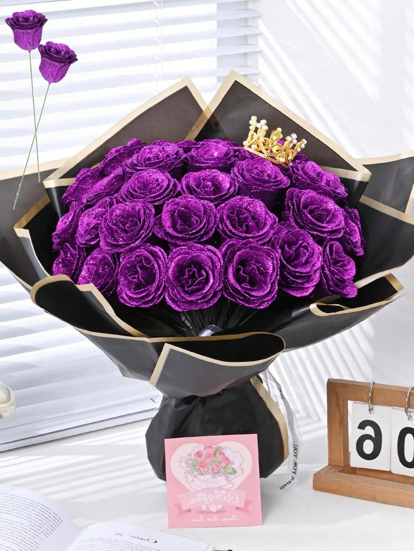12Pcs DIY Faux Glitter Roses Bouquet, Everlasting Shiny Artificial Rose ...