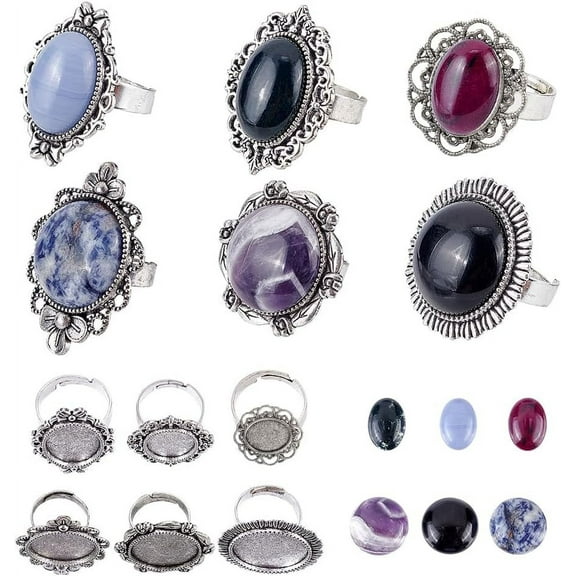 12Pcs DIY Natural Gemstone Finger Ring Making Kits Including Alloy Adjustable Iron Finger Ring Components Alloy Cabochon Bezel Settings and 6 Styles Cabochons Antique Silver Size 7 17mm