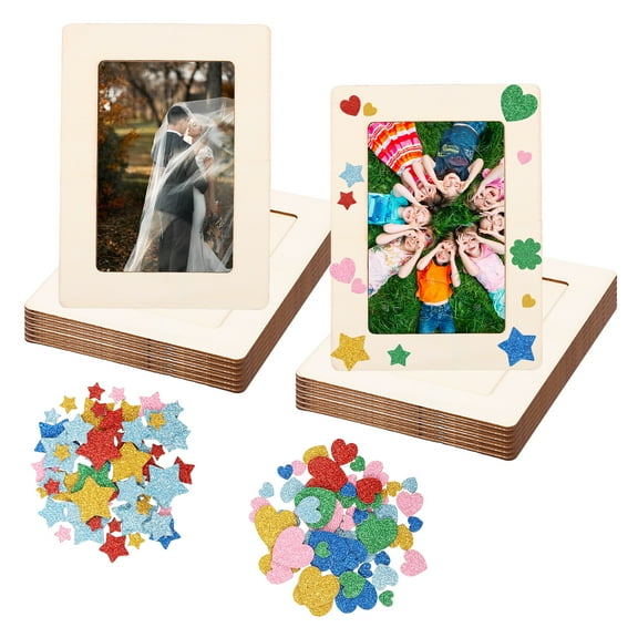 12Pcs DIY Wooden Picture Frames with Stickers Unfinished Wooden Craft Frames DIY Picture Holder for Home Decor Anniversaries