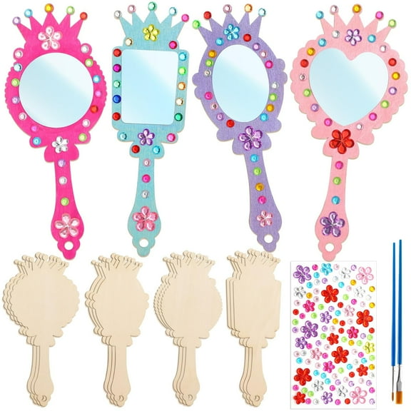 12Pcs DIY Wooden Princess Mirror Craft for Kids, Small Bulk Girls Hand Mirrors for Birthday Party and Art Activities