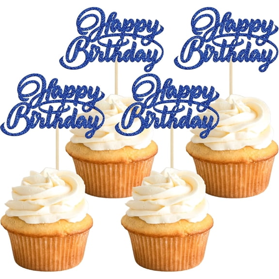 12Pcs Dark Blue Glitter Happy Birthday Cupcake Toppers, Picks for Birthday Party Cake Decorations