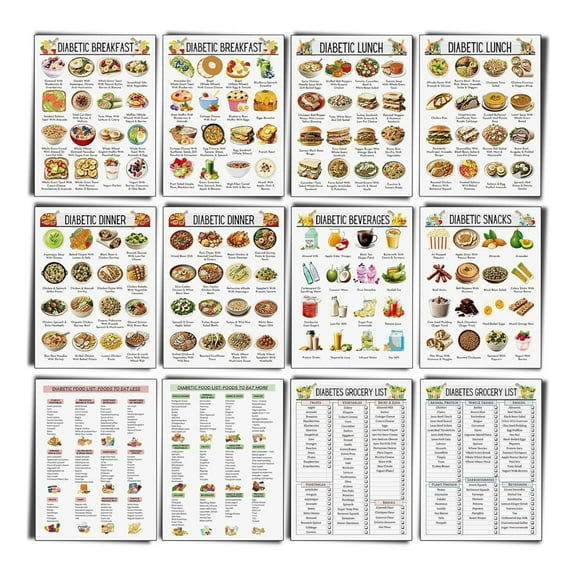 12Pcs Diabete List Chart & Meal Planner for Diabetics Diabete Diet Plan Sheet Diabete Dietary Reference Chart