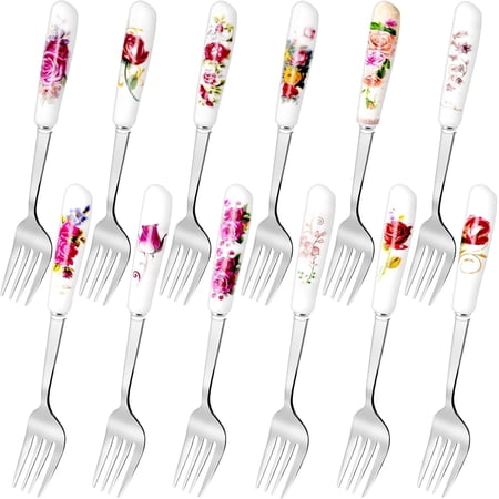 12Pcs Dinner Forks, Stainless Steel Floral Design Flatware with Ceramic Handle, Dessert & Table Forks for Home & Restaurant (12 Floral Patterns)