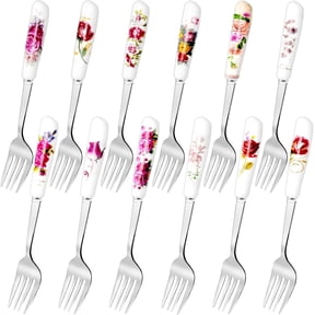12Pcs Dinner Forks, Stainless Steel Floral Design Flatware with Ceramic Handle, Dessert & Table Forks for Home & Restaurant (12 Floral Patterns)