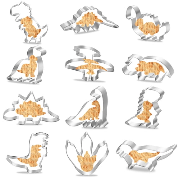 12Pcs Dinosaur Cookie Cutters, 430 Stainless Steel Dinosaur Biscuit Stamps Molds, Jurassic Dino Shaped Pastry Cutters for Home DIY Biscuits, Candies, Fondants, Cake Toppers