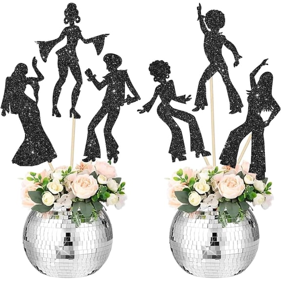 12Pcs Disco Dancing Party Centerpiece Sticks 70s Disco Party Decorations Black Glitter 80's Disco Dancer Table Toppers for Disco Ball Music Theme Party Birthday Party Supplies