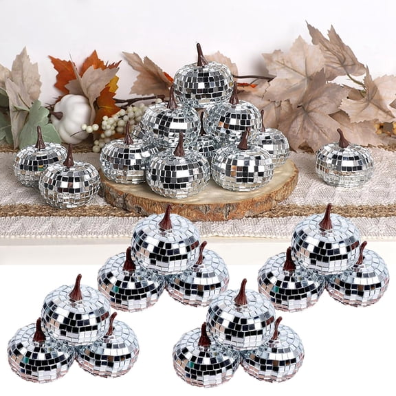 12Pcs Disco Pumpkin Halloween Silver Glitter Foam Pumpkins Reflective Sparkle Fall Table Decorations For Bar Party Home Display 2.4"X2.4"