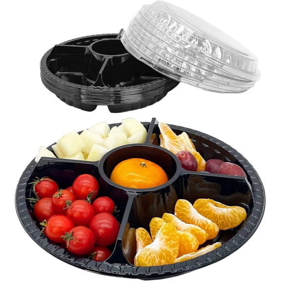 12Pcs Disposable Fruit Trays, Round Plastic Appetizer Serving Tray with Lid 5 Compartment Party Platters Divided Food Dip Containers for Snack Vegetable Salad Veggie Fruit Organizer-Black