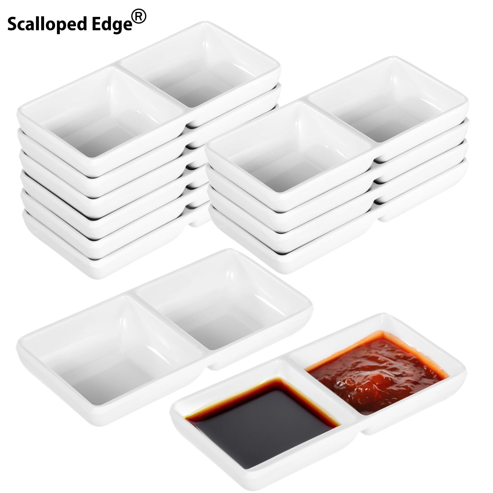 12Pcs Dual Dipping Sauce Bowls with 2 Compartments, Plastic Dip Sauce Dish Tray, Divided Fondue Plate, Ketchup Wasabi Dipping Plate for Parties Restaurants Home