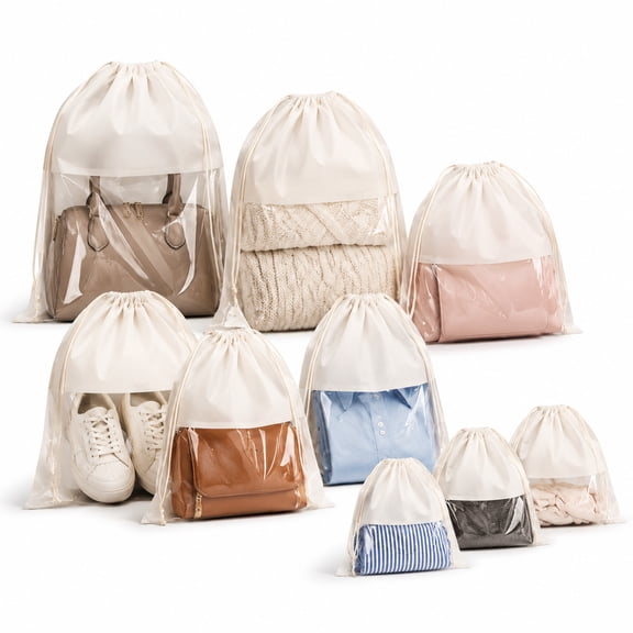 12Pcs Dust Bags for Handbags with Viewing Window, 4 Sizes Semi-Transparent Non-Woven Handbag Storage Bags, Reusable Drawstring Purse Dust Bags for Shoes, Clothing and Travel