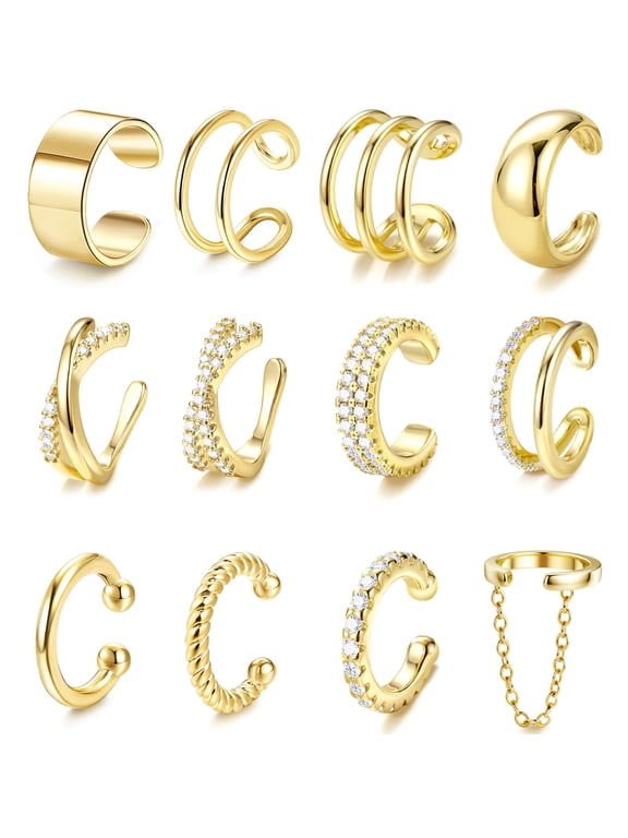 12Pcs Ear Cuffs Non Piercing - 14K Gold Plated Ear Cuff Earrings for Women Adjustable Earring Cuffs for Non Pierced Ears Clip on Cartilage Earring Fake Earrings Set
