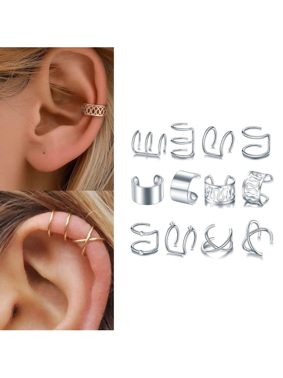 12Pcs Ear Cuffs Non Piercing, Hypoallergenic Non-Piercing Ear Clip, Hair for Women Men Hair Accessories Styling Jewelry Tools, Silver