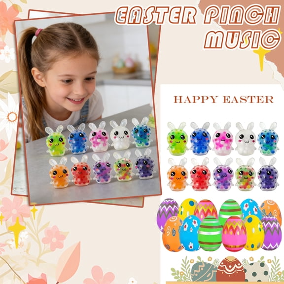 12Pcs Easter Bunny Mini Squeeze Balls Set, 12 Rabbit Stress Relief Toys + 12 Colorful Easter Eggs, Soft Sensory Fidget Toys for Easter Basket Stuffers, Egg Fillers, Party Favors & Classroom Prizes