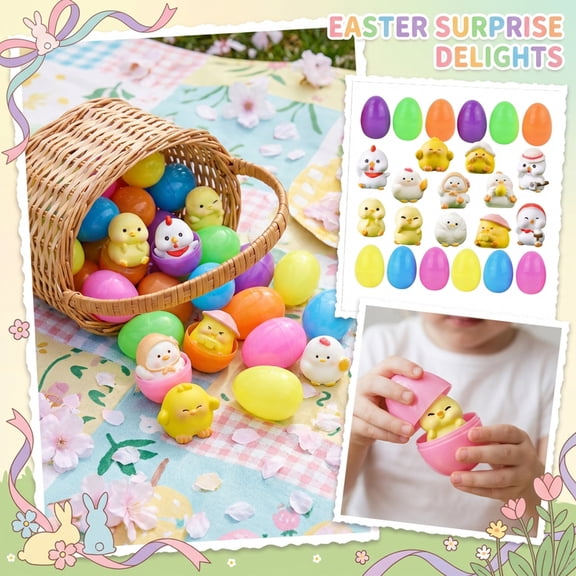 12Pcs Easter Chick Figurines & 12Pcs Surprise Eggs, Openable Egg Basket Fillers, Easter Basket Stuffers For Kids, Party Favors & Holiday Decorations
