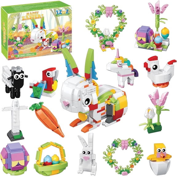 12Pcs Easter Egg Fillers Building Kits, Easter Rabbit 12 in 1 Building Blocks Set, Easter Bricks Toy Gift Easter Egg Fillers, Easter Basket Stuffers, Easter Party Favors for Kids 6+