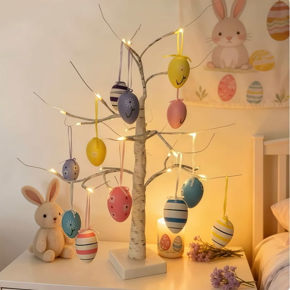 12Pcs Easter Eggs Easter Tree With Lights - 60cm/2ft White Table Top Easter Twig Tree - Pre-Lit with Warm White LED Lights Battery Operated, Easter Decor