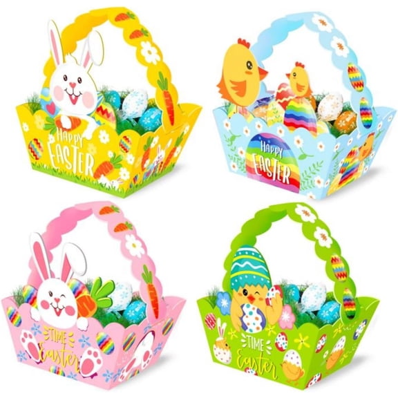 12Pcs Easter Gift Basket Easter Treat Bags Party Favors, DIY Paper Basket with Handles, Rabbit Chicks Easter Eggs Design for Easter Egg Hunt Party Supplies Easter Decoration