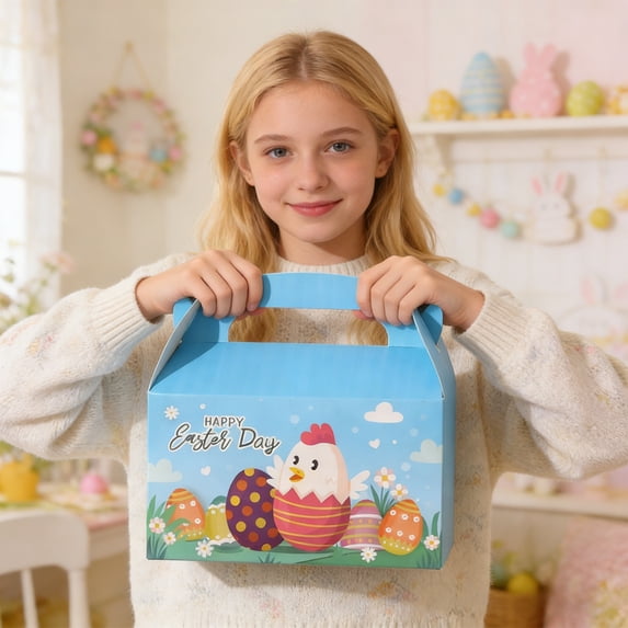 12Pcs Easter Treat Boxes with Bunny & Egg Prints, 4 Assorted Designs, Portable Paper Gift Boxes with Handles for Party Favors, Candy & Goodies