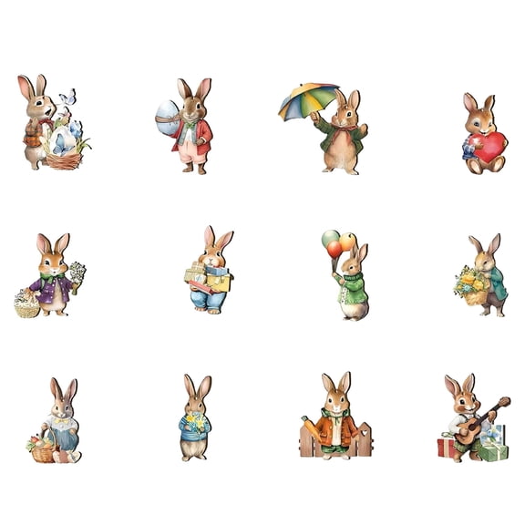 12Pcs Easter Wooden Bunny Ornaments Easter Tree Decorations Bunny Egg Hanging Decorations Rustic Wood Cutouts Farmhouse Hanging Ornaments with Rope for Home Kitchen Spring Party Decor