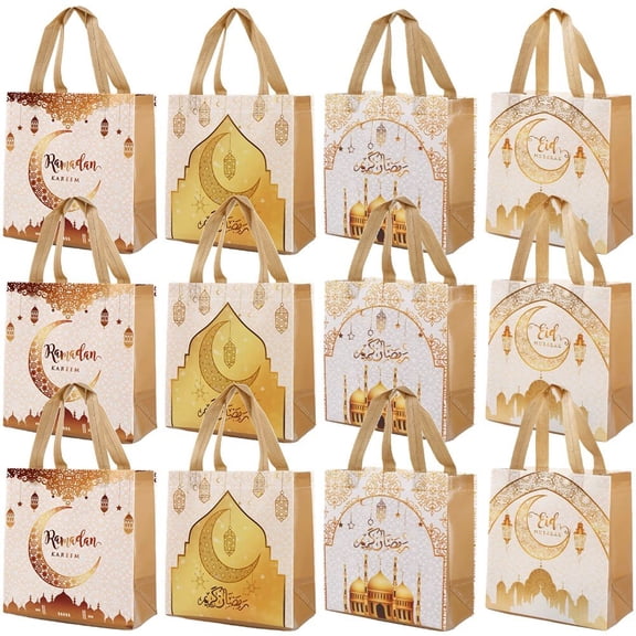 12Pcs Eid Mubarak Gift Bag, Ramadan Mubarak Tote Bags Non-Woven Candy Packaging Bag With Handle Ramadan Muslim Islamic Festival Party Supplies