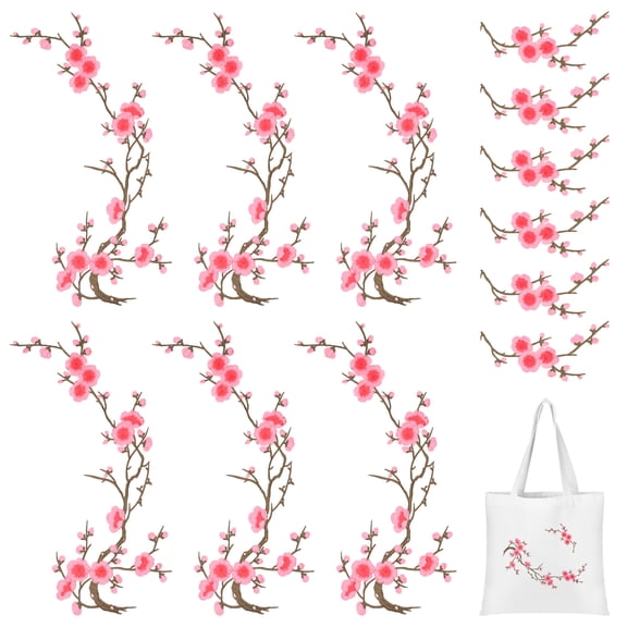 12Pcs Embroidery Cherry Blossom Iron On Patches Plum Blossom Applique Patches Embroidered Patch Iron On/Sew On Flowers Branches Vines for DIY Jeans Denim Clothes Dresses Skirt