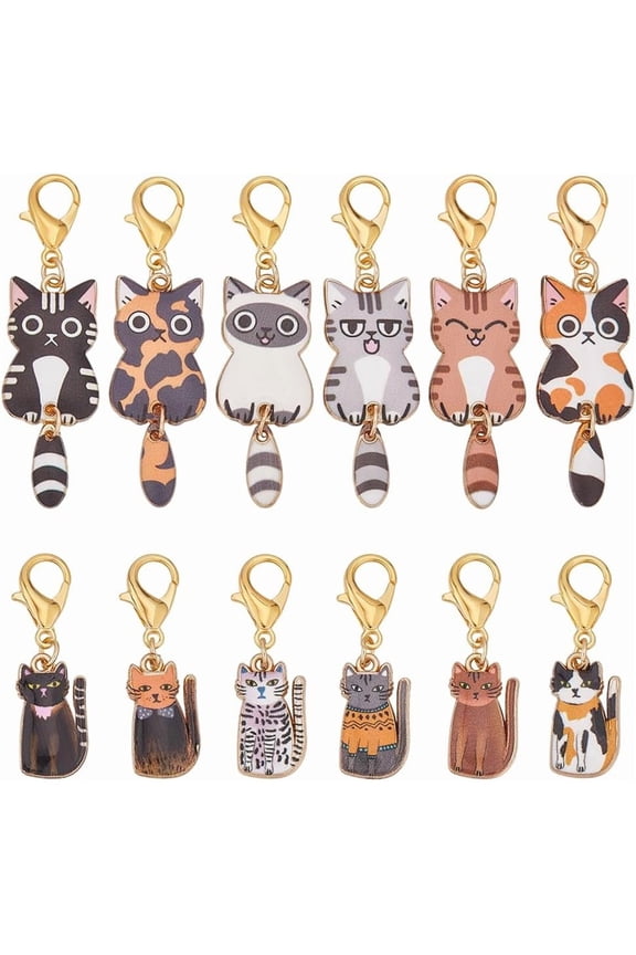 12Pcs Enamel Cat Charms Swinging Tails 12 Styles Cute Alloy Kitten Pendants Pet Dangle Cartoon Pendants with Lobster Clasp for Mobile Straps Keychain DIY Craft Jewelry Making Supplies