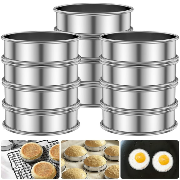 12Pcs English Muffin Rings 304 Stainless Steel Crumpet Rings Nonstick Tart Rings Double Rolled Muffin Tart Rings Crumpet Ring Molds Pastry Ring Molds Muffin Rings for Home Baking Eggs Pancakes