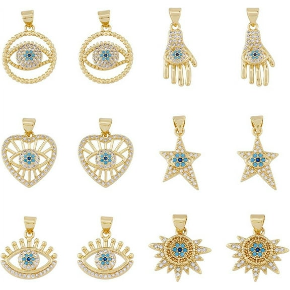 12Pcs Evil Eye Charms 6 Styles Golden Heart Hand Star and Sun with Evil Eye Charm Rhinestone Eye Pendant Micro Pave Pendants with Jewelry Clasps for Necklace Jewelry Making
