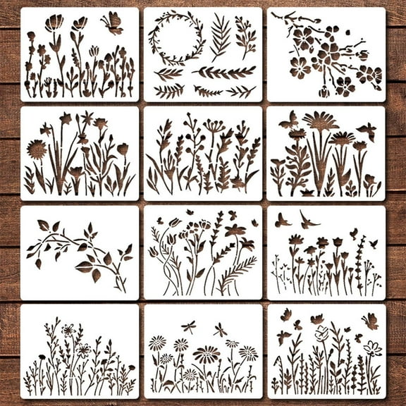 12Pcs Exquisite Floral Pattern Stencils Smooth Edge Reusable PET Drawing Mold Multifunctional DIY Art Craft Tool for Wall Wood Fence Personalized Home Landscape Decoration