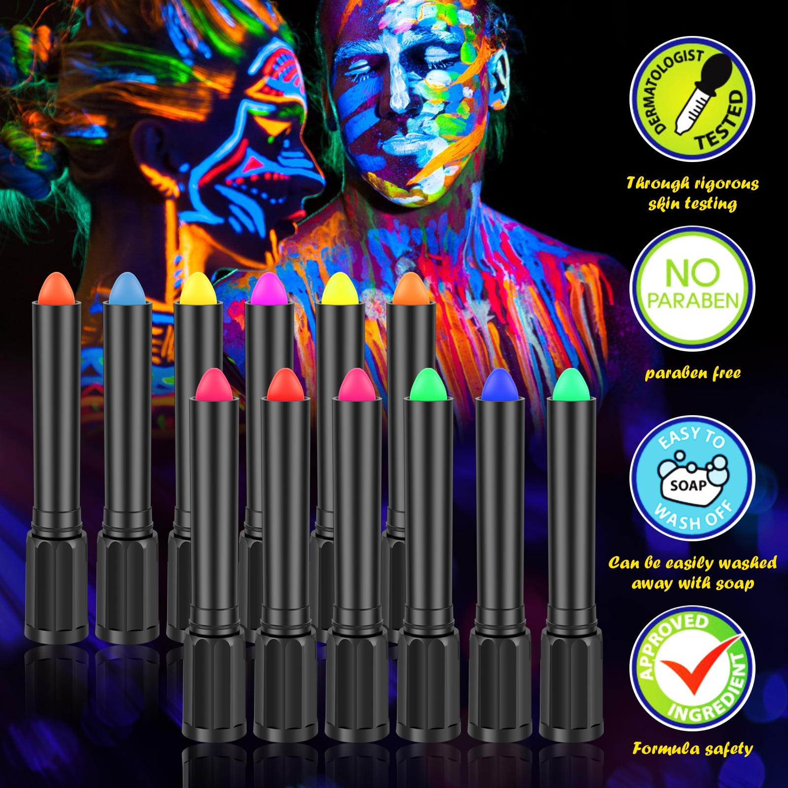 12 Colors Bright UV Blacklight Glow Face Paint Neon Makeup Fluorescent  Luminous Facepaint Kit For Kids Halloween, Water Reactive Face Paint  Crayons Safe Body Painting For Special Make Up