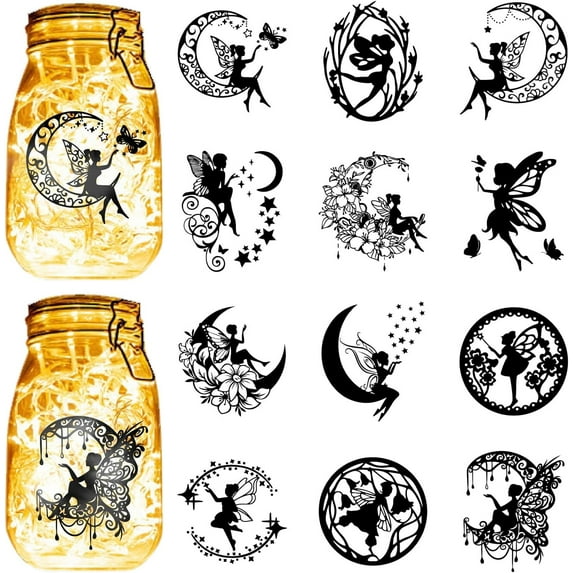12Pcs Fairy Angel Silhouettes Mason Jar Decor Moon Butterfly Laser Cut Cardboard Scrapbook Cutouts Die Cuts PVC for Crafting Lantern Jars Wall Painting Window Glass 3.9x3.5Inch-No Sticker