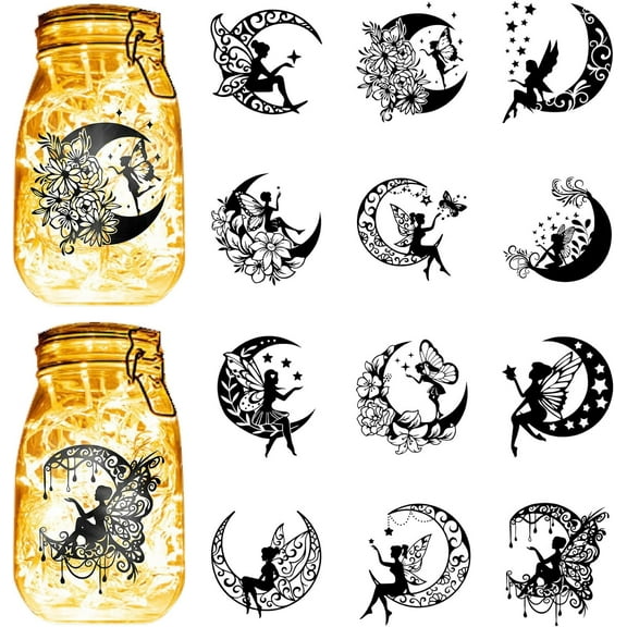 12Pcs Fairy Angel Silhouettes Mason Jar Decor Moon Laser Cut Cardboard Scrapbook Cutouts Die Cuts PVC for Crafting Lantern Jars Wall Painting Window Glass Phones 3.9x3.5Inch-No Sticker for DIY