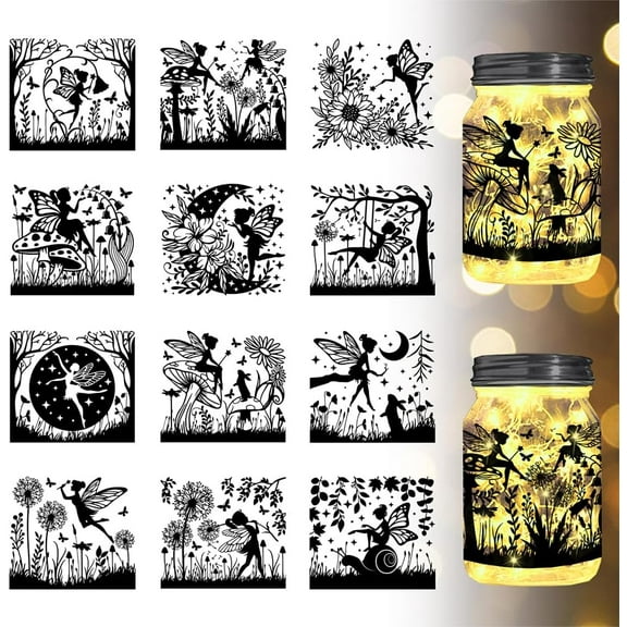 12Pcs Fairy Silhouette Jar Cutouts Dandelion Plastic Silhouette Wall Decals (Not Stickers) Lantern Jar Cutouts Window Lamp Decals Glass Decorations Art Mural Home Decor