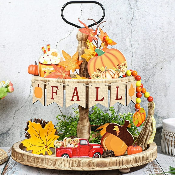 12Pcs Fall Tiered Tray Decorations Set, Thanksgiving Table Decor, Rustic Farmhouse Decorative Tray Decors Wood Bead Harvest Car Pumpkin Maple Leaves Acorn