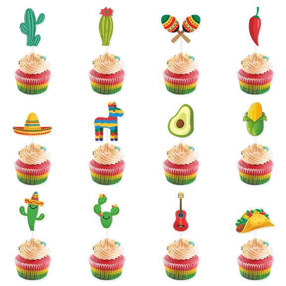12Pcs Fiesta Cinco De Mayo Cupcake Toppers Cactus Maraca Sombrero Taco Avocado Chili Guitar Donkey Cake Picks Mexican Tropical Summer Birthday Party Cupcake Decorations