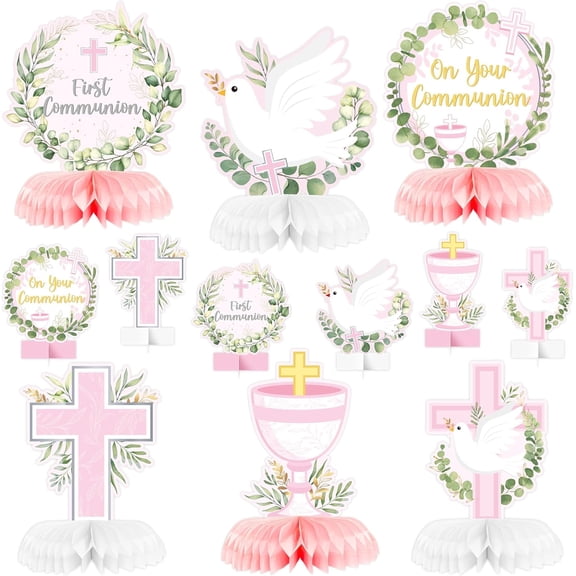 12Pcs First Communion Party Honeycomb Centerpieces Pink Baptism Cross Religious Centerpieces for Tables Photo Props Decoration for Baby Shower Boys Girls Birthday Church Wedding Decoracions